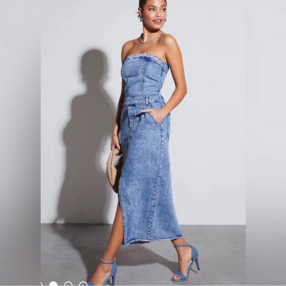VICI Blue Denim Strapless Dress with front slit, ruched back NEW XS, S & L